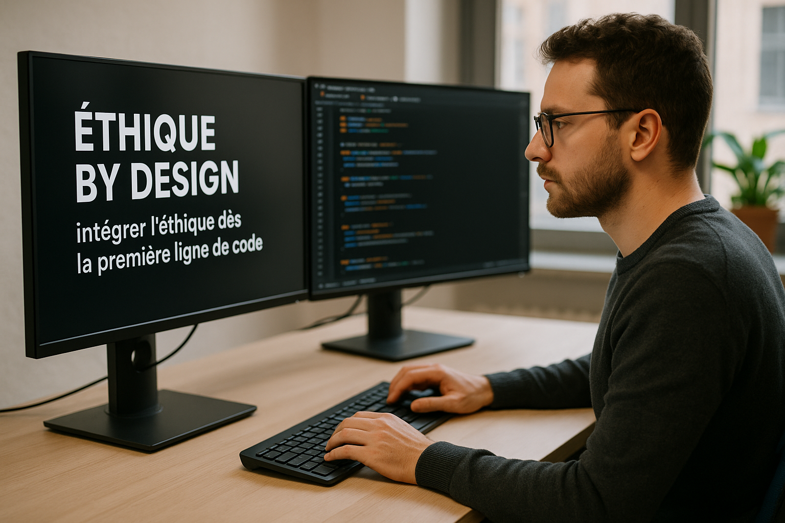A man concentrated in front of his computer, writing code in a sober environment, symbolizing a responsible and ethical approach to software development.