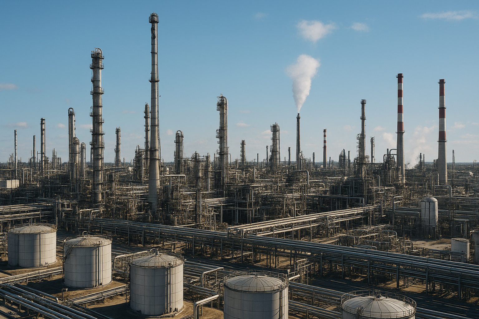 View of an industrial site with several active chimneys and a complex network of pipelines running through the area.