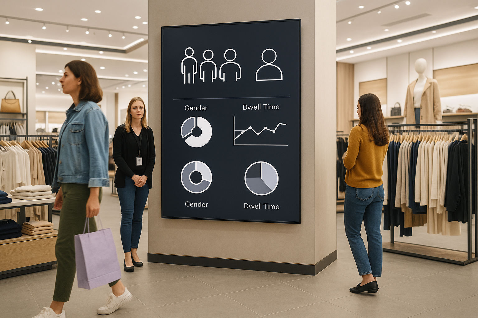 Modern physical store with customers circulating in the aisles; in the foreground, a screen displays a real-time marketing segmentation dashboard, showing visitor profiles (by age, perceived gender, areas explored) and footfall data for the different areas of the store.