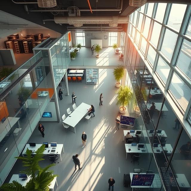 A modern office building interior seen from above, in a realistic style. The scene includes open-plan workspaces, glass meeting rooms, corridors, and technical rooms like maintenance or utility spaces. People are present but anonymized through natural motion blur or shown from above. Subtle digital elements are integrated naturally into the environment: wall-mounted occupancy screens, room booking tablets outside meeting rooms, discreet motion sensors, and smart lighting reacting to presence. Digital displays show cleaning schedules or maintenance alerts in context (e.g., near supply closets). Heatmap-like visualizations appear on desk booking screens or dashboards, not floating in the air. HVAC systems are visible in ceilings but cleanly integrated. The environment feels lived-in, efficient, and optimized-conveying intelligence without sci-fi aesthetics. Photorealistic, professional corporate style, with natural lighting.
