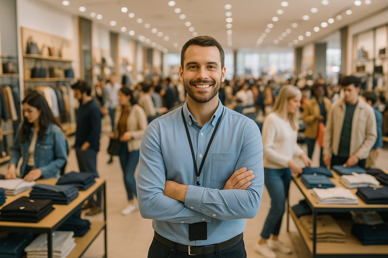 A smiling salesman, dressed in white, crosses his arms in the foreground. In the blurred background, we can make out the interior of a brightly lit store.